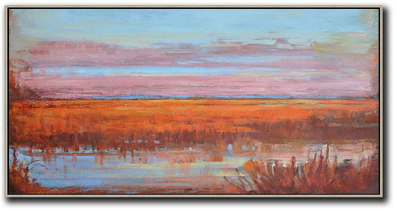Large Abstract Painting On Canvas,Panoramic Abstract Landscape Painting,Acrylic Minimailist Painting Sky Blue,Pink,Orange,Red